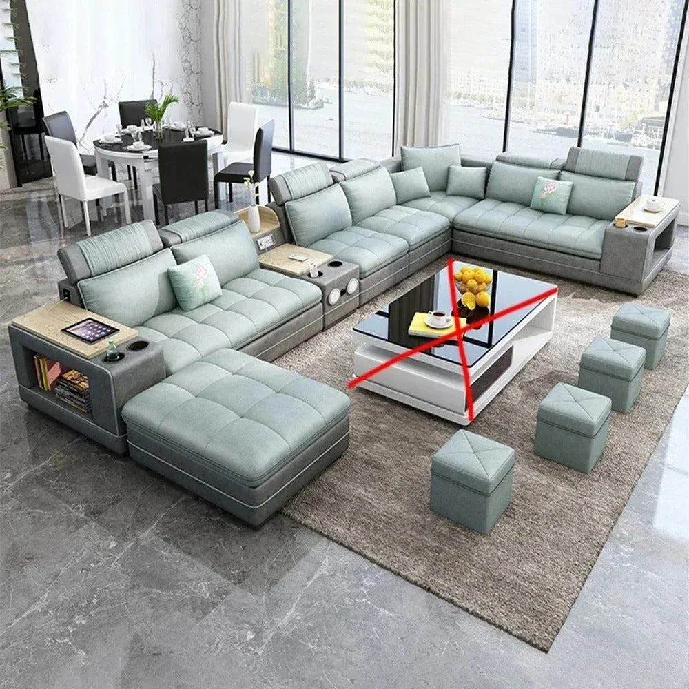 U-Shape Fabric Sofa Set with Bluetooth Speaker Living Room Couch