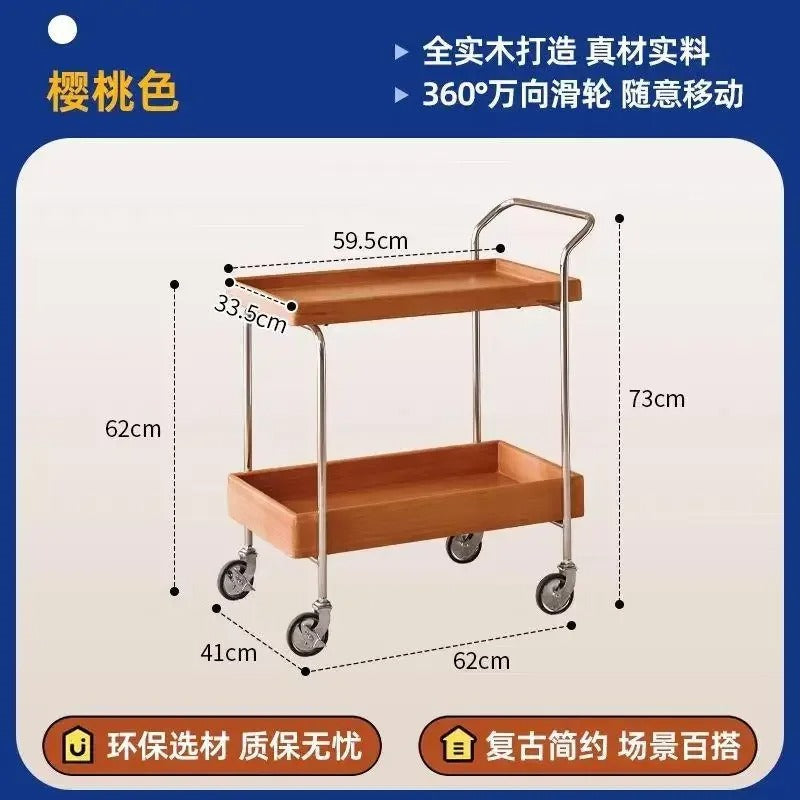 Solid Wood Kitchen Cart with Wheels Mobile Storage Table