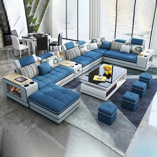 U-Shape Fabric Sofa Set with Bluetooth Speaker Living Room Couch