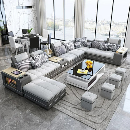 U-Shape Fabric Sofa Set with Bluetooth Speaker Living Room Couch
