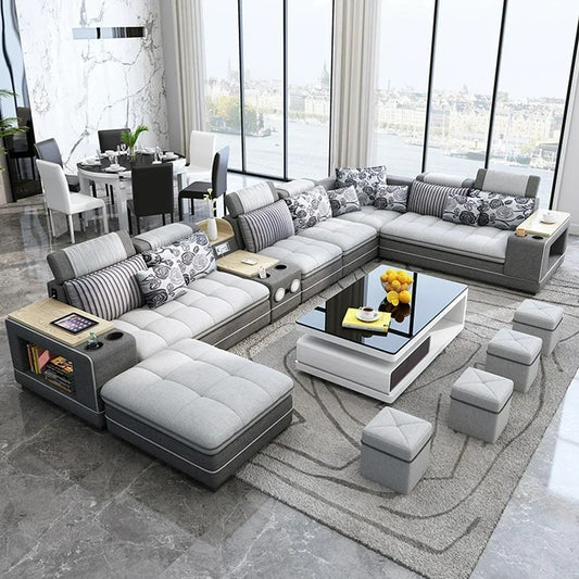 U-Shape Fabric Sofa Set with Bluetooth Speaker Living Room Couch