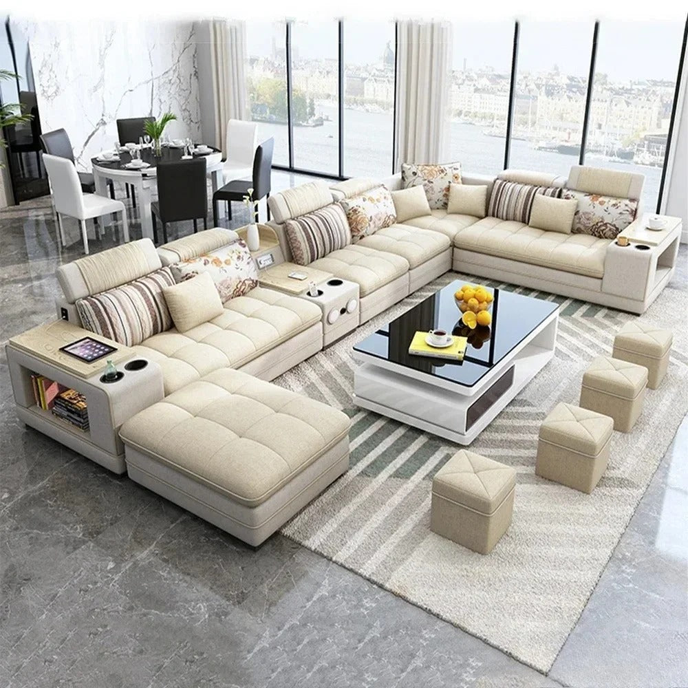 U-Shape Fabric Sofa Set with Bluetooth Speaker Living Room Couch
