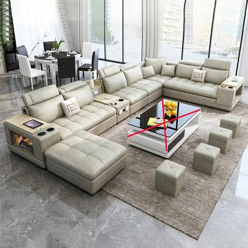 U-Shape Fabric Sofa Set with Bluetooth Speaker Living Room Couch