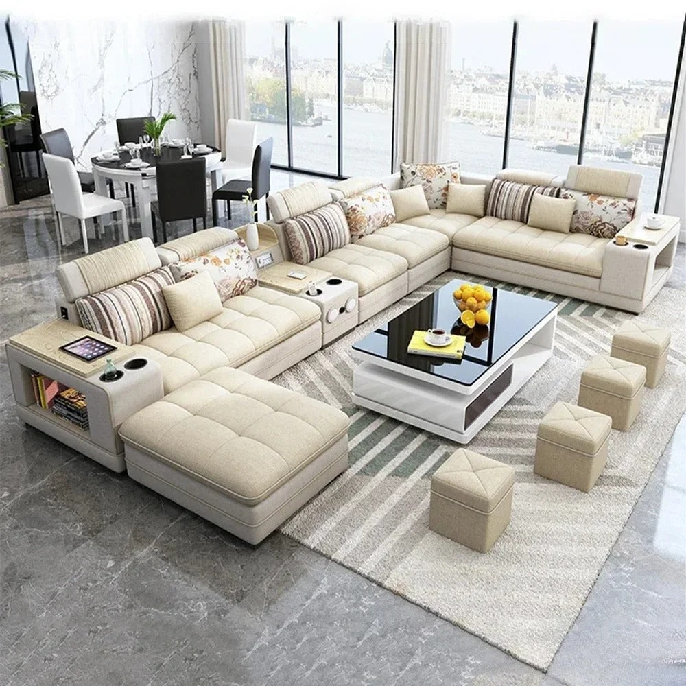 U-Shape Fabric Sofa Set with Bluetooth Speaker Living Room Couch