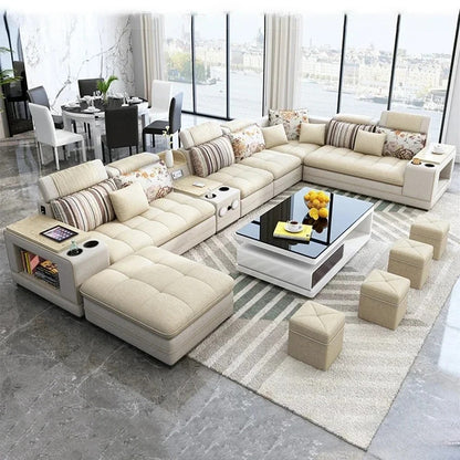 U-Shape Fabric Sofa Set with Bluetooth Speaker Living Room Couch