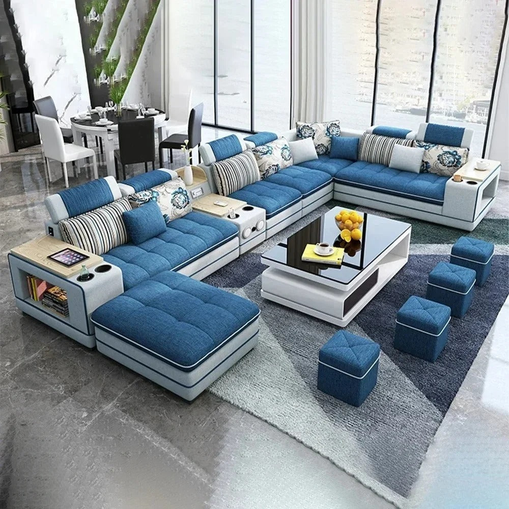 U-Shape Fabric Sofa Set with Bluetooth Speaker Living Room Couch