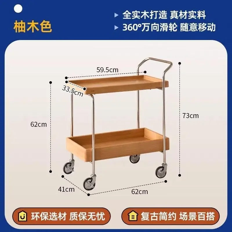 Solid Wood Kitchen Cart with Wheels Mobile Storage Table